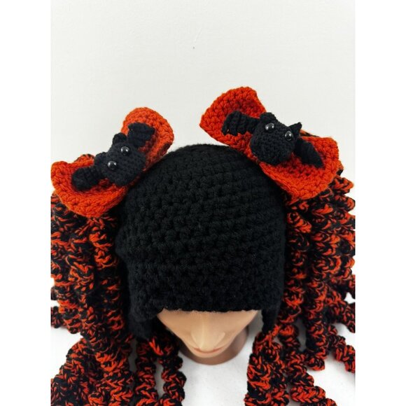 Handmade Crochet Halloween Wig Kawaii Hat Bats Bows Curls  Adults Black Orange - Picture 2 of 9